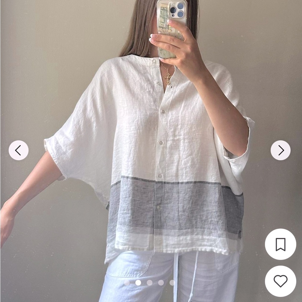 100% linen button up top by Tahari beachy chic pearl button coastal grandma